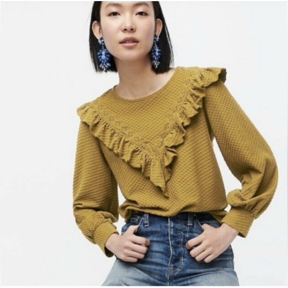J. Crew Olive Gold Textured Boho Rustic Fall Cottagecore Blouse with Ruffle Trim